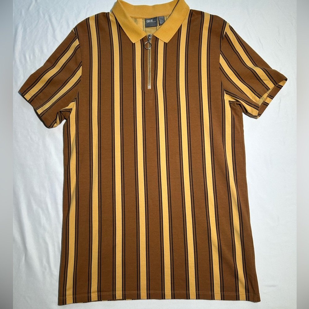 ASOS Men's Polo Brown & Yellow Stripes - L Tall - Grandpa Shirt Metal 1/4 Zip